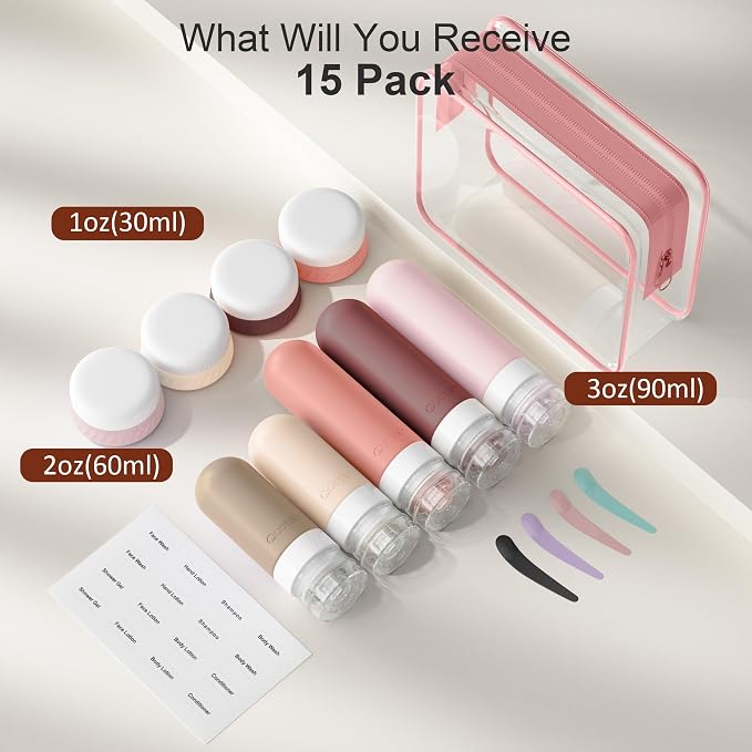 Quatish 15 Pack Travel Bottles for Toiletries, Original Patented, TSA Approved Travel Size Containers, Leak Proof Silicone Shampoo and Conditioner Bottles Women & Men, Airplane Essentials,Red Rock - Image 2
