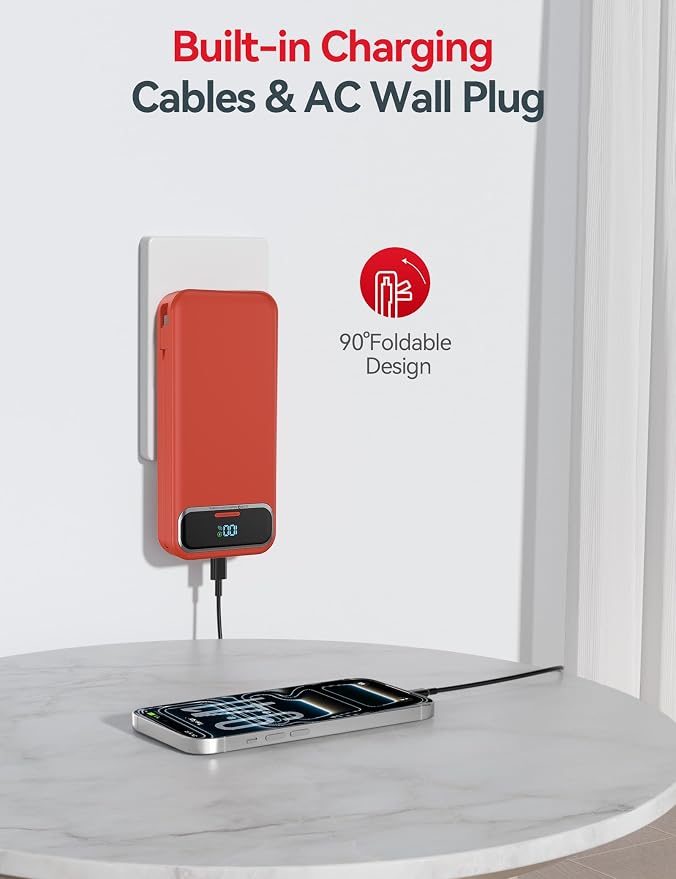 aonidi Portable Charger 20000mAh with Built-in Cables&AC Wall Plug, Red | PD20W Fast Charging,Travel Essential,TSA Approved,LED Display,All in One USB C Power Bank for All Cell Phones Devices - Image 4