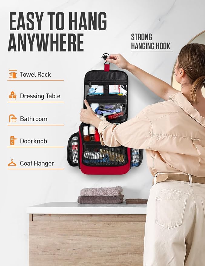 VENTURE 4TH Hanging Travel Toiletry Bag, 18 Compartments - Red | Hangs on rails, hooks or doors; stands upright. Removable TSA pouch. Water-resistant Nylon 290D Twill, reinforced stitching. - Image 4