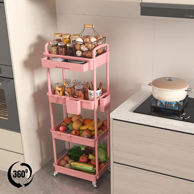 4 Tier Rolling Utility Cart with Drawer, Plastic Storage Organizer Rolling Carts with Wheels Handles Hanging Cups Hooks for Office, Bathroom, Kitchen,Craft Art Room (Pink) - Image 4