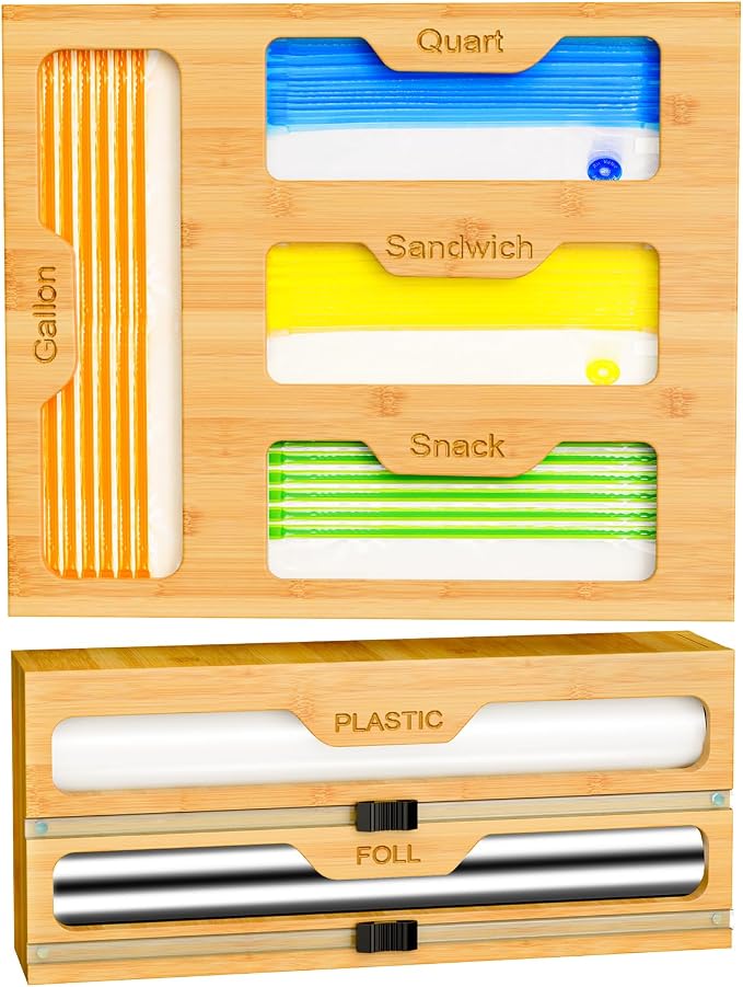 KOCWELL Bamboo Bag Storage Organizer - 2 Wrap Dispenser with Cutter & 4 Slots Food Storage Bags Container - Kitchen Drawer Plastic Bags Storage Organization for Gallon Quart Sandwich Snack Bags by KOCWELL