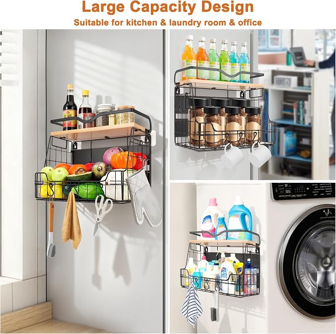 Livabber Magnetic Fridge Organizer Basket with Wood Shelf, Large Fruit Vegetable Storage Bin, Spices Snacks Condiments Rack for Kitchen Pantry, Laundry Room, Office, Magnetic or Wall Mount (Black) - Image 5