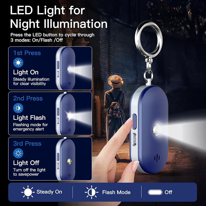 Personal Safety Alarm for Women, 130dB Rechargeable Keychain Alarm with Dual Speakers, LED Strobe Light, Low Power Indicator and USB-C Charging, (Blue) - Image 6