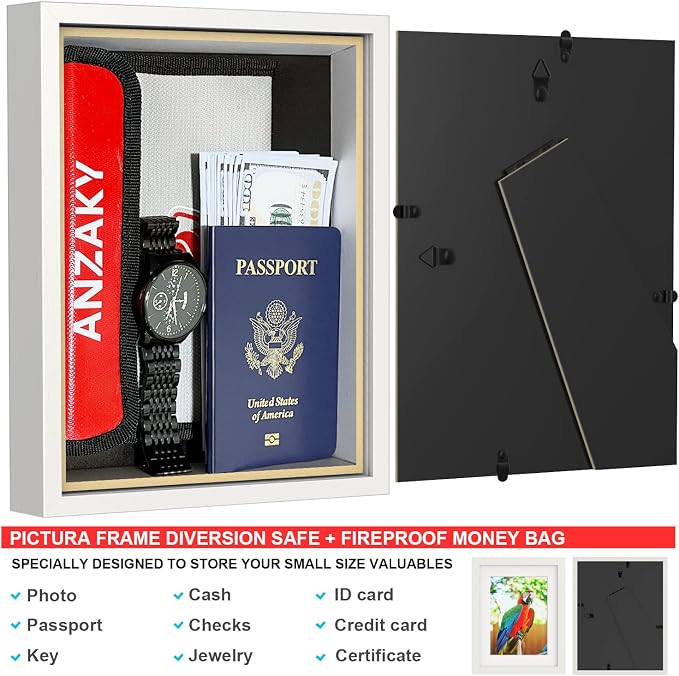 Photo Picture Frame Diversion Safe with Fireproof & Waterproof Money Bag, Valuable Storage, Home Security, Mini Box with Hidden Compartment to Shield your Money, Cash, White 5"x7" - Image 3