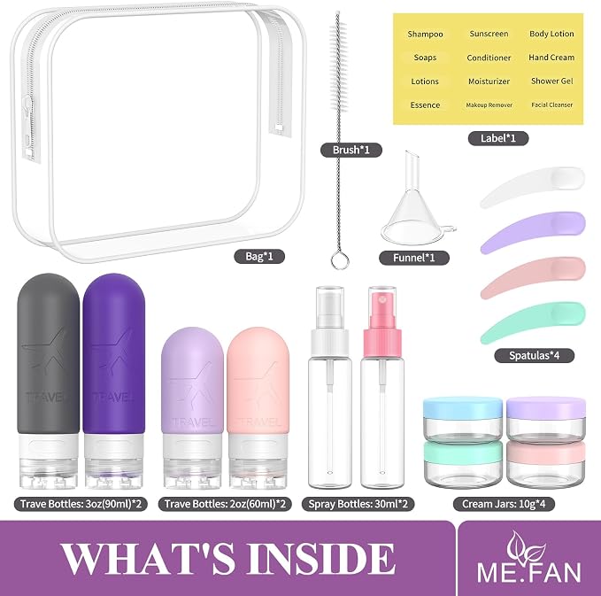 ME.FAN 18 Pack Travel Bottles for Toiletries, TSA Approved, Purple | Travel Size Containers Set, Silicone Squeezable Portable Split Bottle, Travel Accessories for Conditioner, Shampoo, Lotion - Image 2