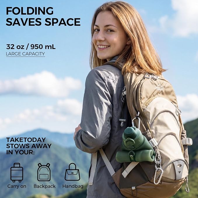 TakeToday Collapsible Water Bottles, Foldable for Travel, 32oz, Blue | Compact Foldable Travel Bottle with Straw, TSA-Approved Leakproof Silicone, BPA-Free for Hiking & Outdoors - Image 3