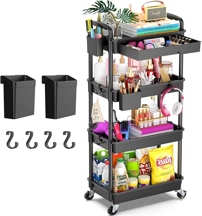 Goovilla 4 Tier Rolling Utility Cart Organizer with Removable Drawer, Black | Stable and Sturdy Rolling Storage Carts with 2 Lockable Wheels for Bathroom, Kitchen, Snack, Craft, Makeup, Baby Essentials by Goovilla