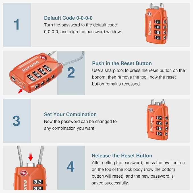 Puroma 2 TSA Approved Luggage Locks 4 Digit Code Cable Lock Robust Orange | Resettable, Flexible Cable, Zipper holes, Zinc Alloy, Bright Color, Large White Numbers, Suitcase Train Travel, laptop bag - Image 6