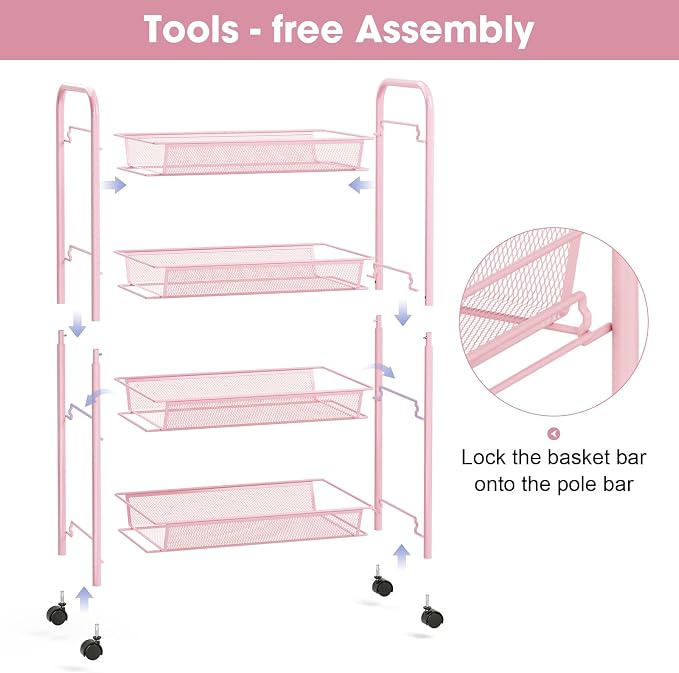 TOOLF 4 Tier Rolling Cart, Metal Utility Storage Cart with Wheels, Pink | 3 Hooks, Screwless Assembly, Trolley Organizer for Bathroom, Kitchen, Office, Nursery, Dorm, Laundry Room - Image 3