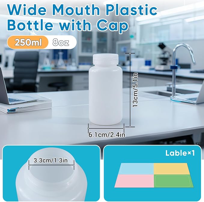 DEMORA 8 oz Plastic Bottles with Lids, Airtight Refillable Wide Mouth Travel Bottles for Toiletries, HDPE Food Grade Plastic Containers for Liquids Pill Water Sample Lab Reagent (Translucent, 2 Pcs) - Image 8