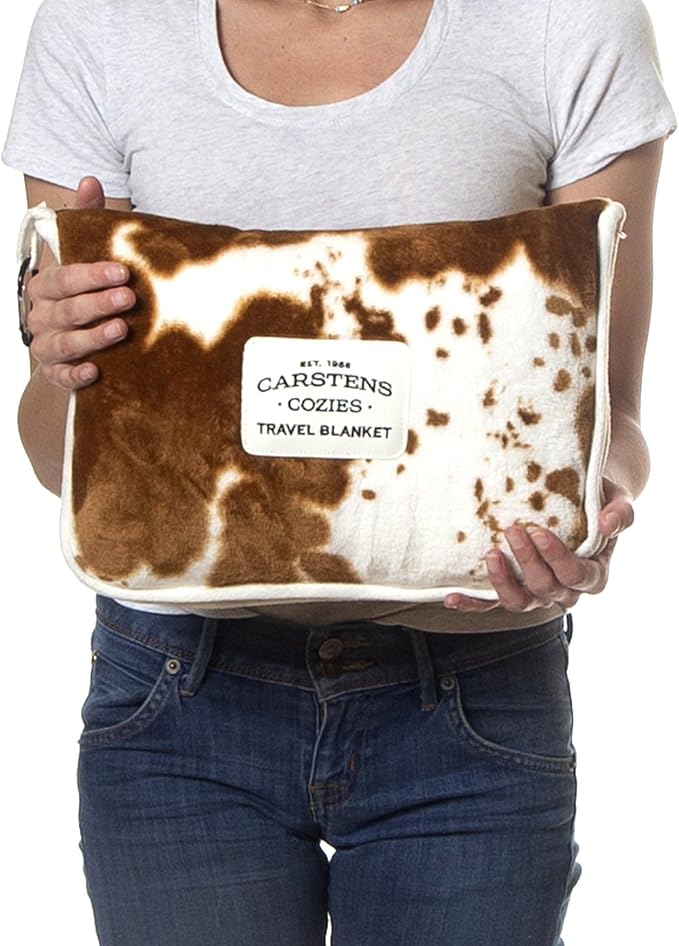 Carstens, Inc. Travel Blanket, Premium Compact 2-in-1 Airplane Blanket/Pillow, Cow Print - Image 4