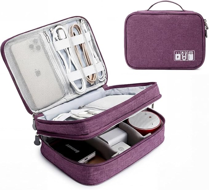 Lanola Travel Cable Organizer Bag, Electronic Accessories Case Portable Double Layer Cable Storage Bag for Cord, Charger, Flash Drive, Phone, SD Card,Personal Items - (Purple) by Lanola
