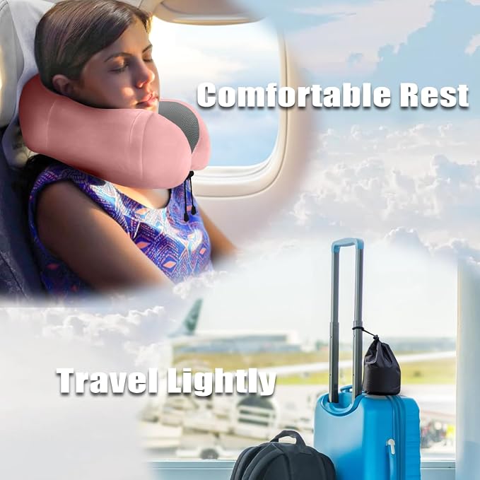 Travel Pillow, Memory Foam Neck Pillow for Traveling, U Shape Neck Pillow Airplane Portable Flight Pillow Travel Kit with 4D Contoured Eye Masks and Earplug for Plane Train Car Home Office - Pink - Image 7