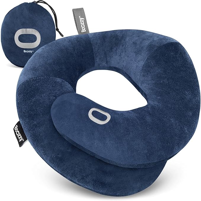 BCOZZY Organic Cotton Double Support Neck Pillow for Travel - 3 Ergonomic Positions for Head, Neck, and Chin Comfort - Ideal for Sleeping Upright on Flights, Cars, and at Home – Large, Navy by BCOZZY