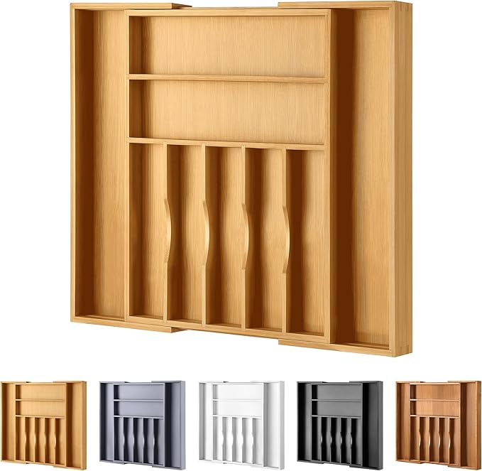 Large Premium Bamboo Silverware Organizer - Expandable Drawer Organizer & Utensil Organizer - 17"x19.7" Cutlery Tray with Dividers for Kitchen Utensils and Flatware (7-9 Slots) (Natural) by oridom