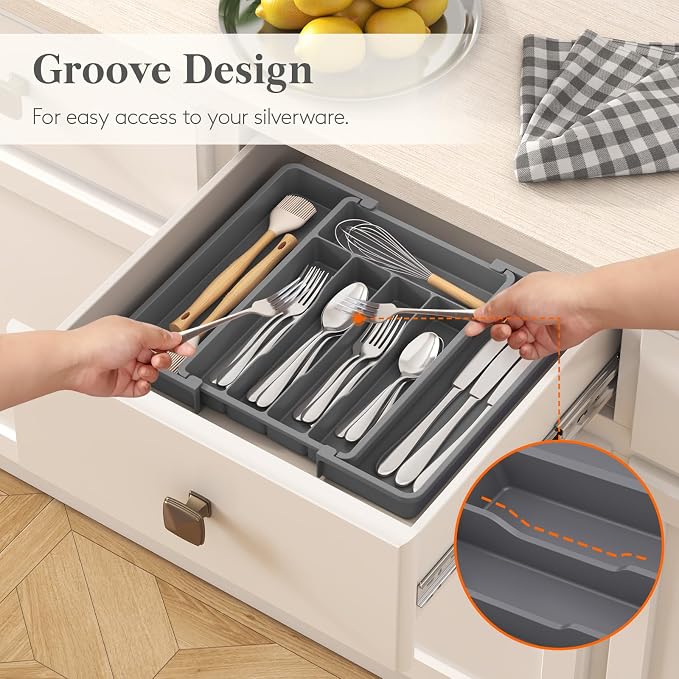 Lifewit Expandable Silverware Drawer Organizer, Kitchen Utensil Tray | BPA-free Plastic Flatware Cutlery Holder, Space-Saving Storage for Spoons Forks Knives, 8.5-14 x 12 x 1.5“, Dark Gray - Image 7