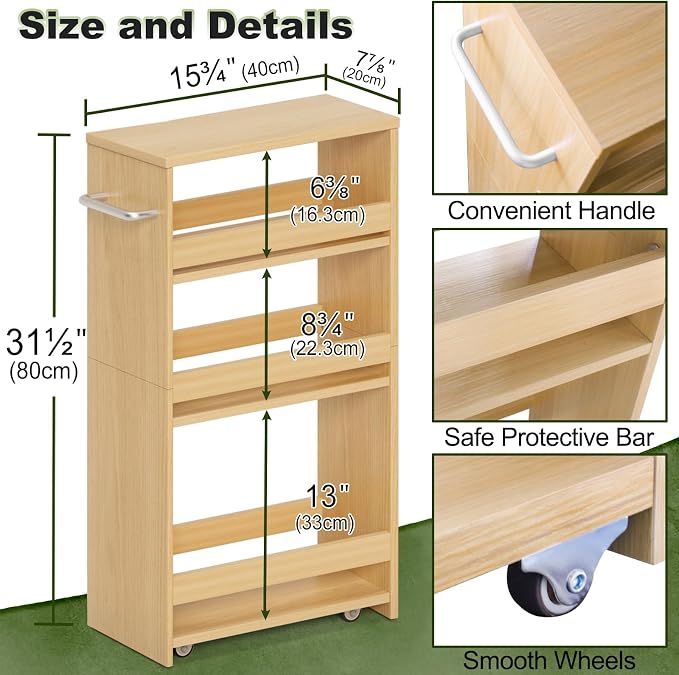 MARTY Slim Rolling Storage Cart, Wood Utility Kitchen Bathroom Laundry Cart | 4 Tier Kitchen Cart with Wheels Handle, Laundry Room Organization Between Washer and Dryer, Narrow Storage Cabinet, 8” Wide - Image 5