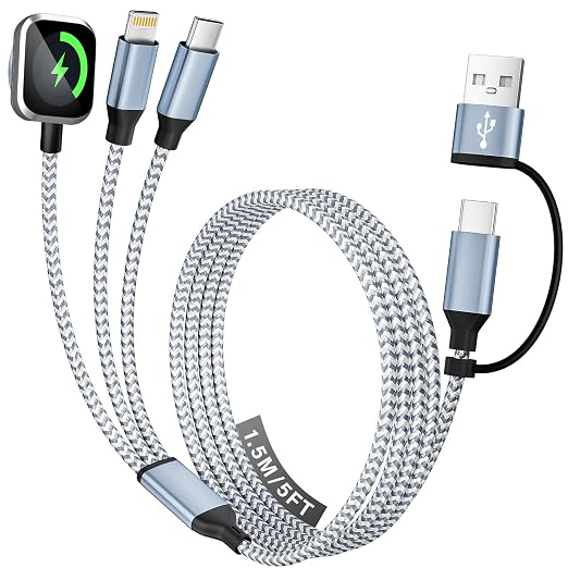 Travel Essentials 3 in 2 Multi Charging Cable for iWatch Charger/iPhone17-8 | USB A/C Charging Cords for Multiple Devices, Nylon Braided Universal Charger for Home/Travel/Cruise, Car Accessories-5FT by MPATIBY