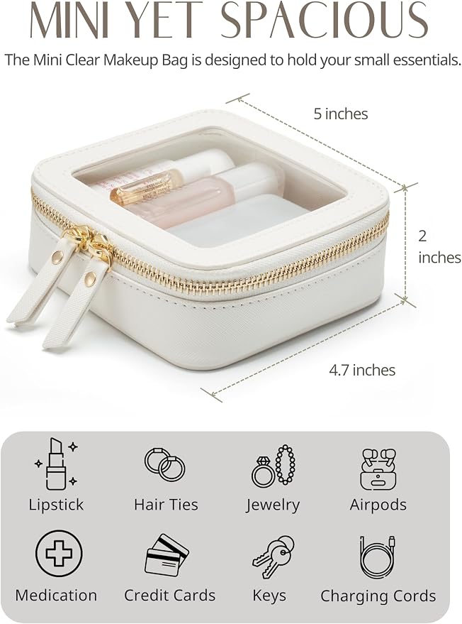 Small Clear Makeup Bag for Purse, Travel Cosmetic Case, White, Mini | Waterproof PU Leather, Transparent Square Make Up Pouch with Zipper, Tiny Toiletry Organizer Bag for Women Car Essentials Bag - Image 4