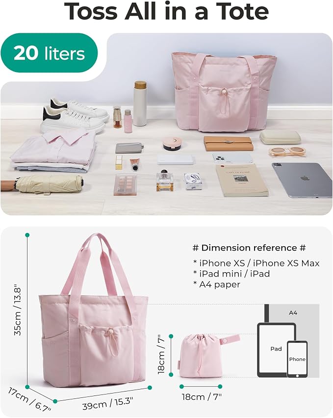 BAGSMART Foldable Tote Bag with Drawstring Bag, Tote Bag Shoulder Bag Top Handle Handbag for Travel, Work, Beach, Gym - Image 3