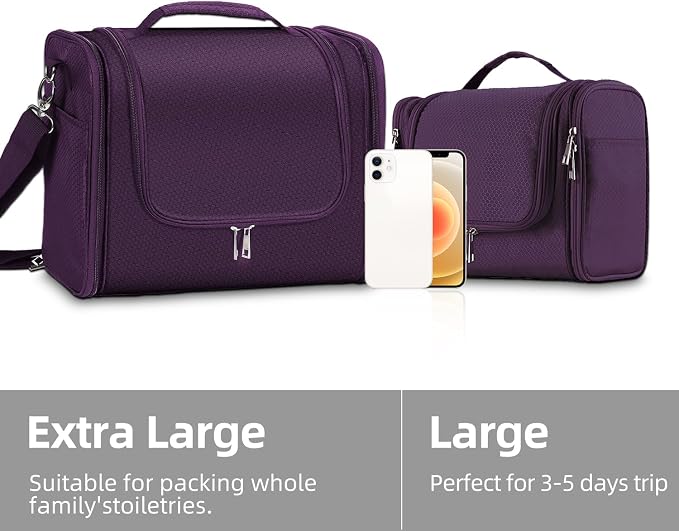 Buruis Extra Large Hanging Toiletry Bag for Women and Men, Purple | Honeycomb Nylon, Detachable Shoulder Strap, Dual Zippers, Metal Hanging Hook, Full-Size Toiletry Storage, Travel Essentials - Image 6