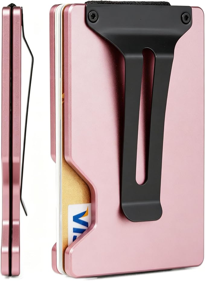 Slim Wallet for Men,RFID Blocking Minimalist Metal Wallet, Money Clip/Cash Holder, Front Pocket Aluminum Credit Card Holder, Ideal Gift for Men,Matte Pink by Unknown