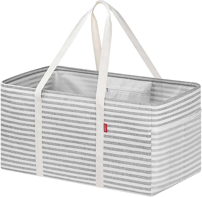 LHZK Standing Extra Large Utility Tote Bag with Metal Wire Frame and the Sides Rinforced, Extra Large Tote Bag with Handle, Reusable Grocery Bags Foldable, Beach Bag, Car Tote (Grey, 26''x15''x13'') by LHZK