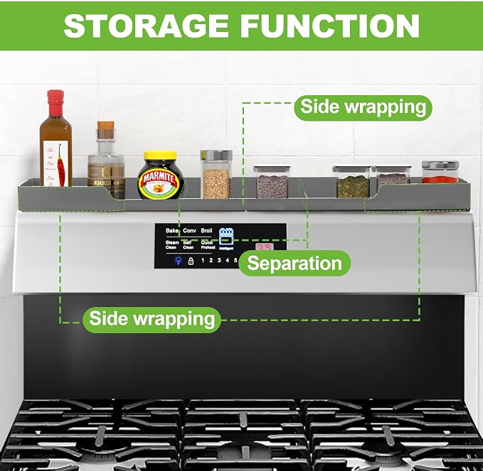 30 Inch Magnetic Stove Top Shelf | 3-Zone Kitchen Organizer with Anti-Slip & Anti-Fall Design | Heat Resistant (-40°F to 446°F) Food-Grade Silicone Spice Rack for Flat-Top Stoves, Grey - Image 2