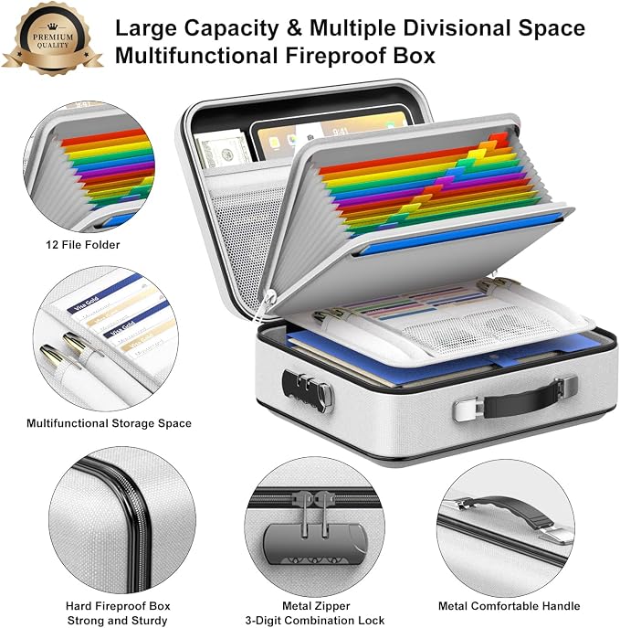 Fireproof Document Organzier with Lock, Hard Fireproof Document Box | Hard-Shell Fireproof Waterproof Document Box with Combination Lock Grey - Image 4