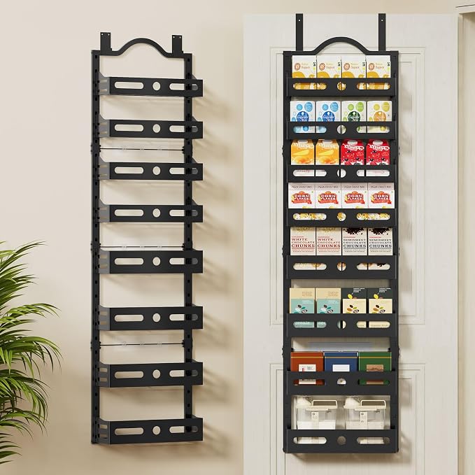 8-Tier Pantry Door Organizer, 2 IN 1 Wall Mount or Over The Door Pantry Organizer, Door Spice Rack with Adjustable Baskets, Over Door Organizer for Kitchen (12.4"W x 5.5"D x 66.1"H,1 Pack, Black) by FREEXPLOYER