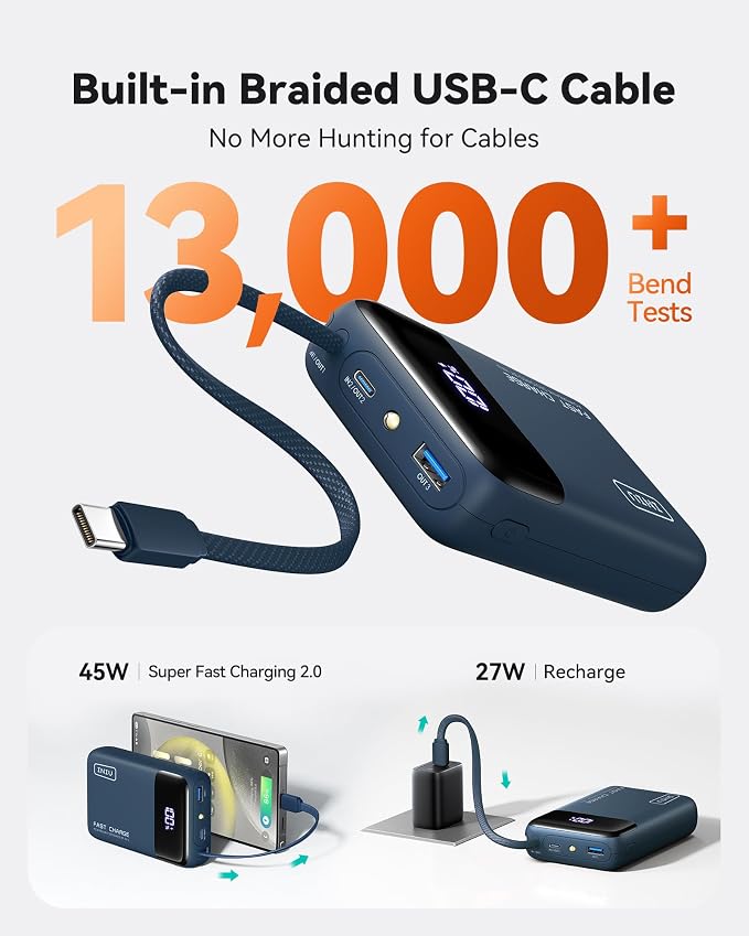 INIU 20000mAh Portable Charger, Smaller 45W Fast Charging Travel Power Bank | Flight-Safe, Built in USB-C Cable, Travel Essential, Battery Phone Pack for iPhone 17 16 Pro, Samsung S26, iPad etc, Blue - Image 4