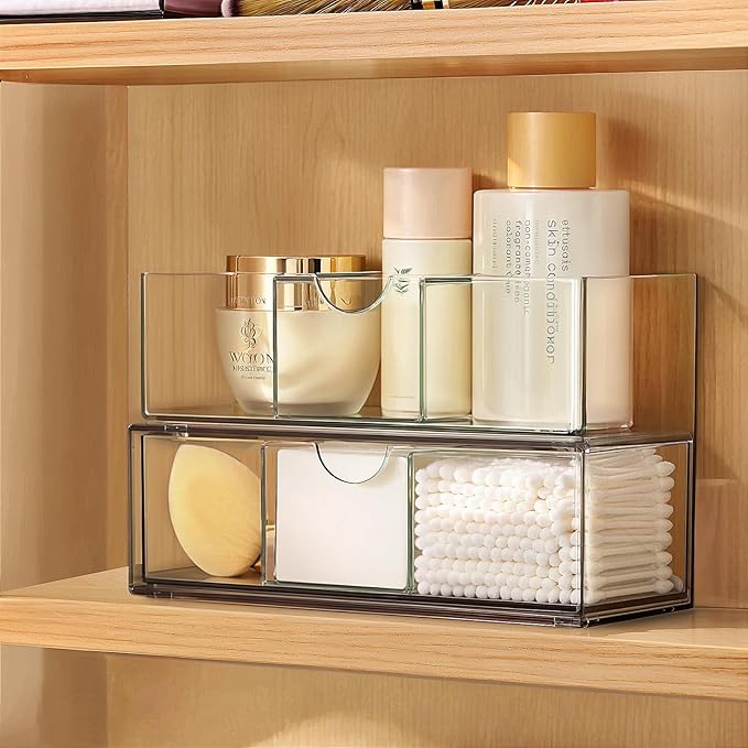 PAVSTINE Medicine Cabinet Organizer 2 Pack, Stackable Storage Drawers with Removable Divider, Make Up Organizer for Bathroom Mirror Cabinets, Vanity, Closet, Countertop - Clear by PAVSTINE