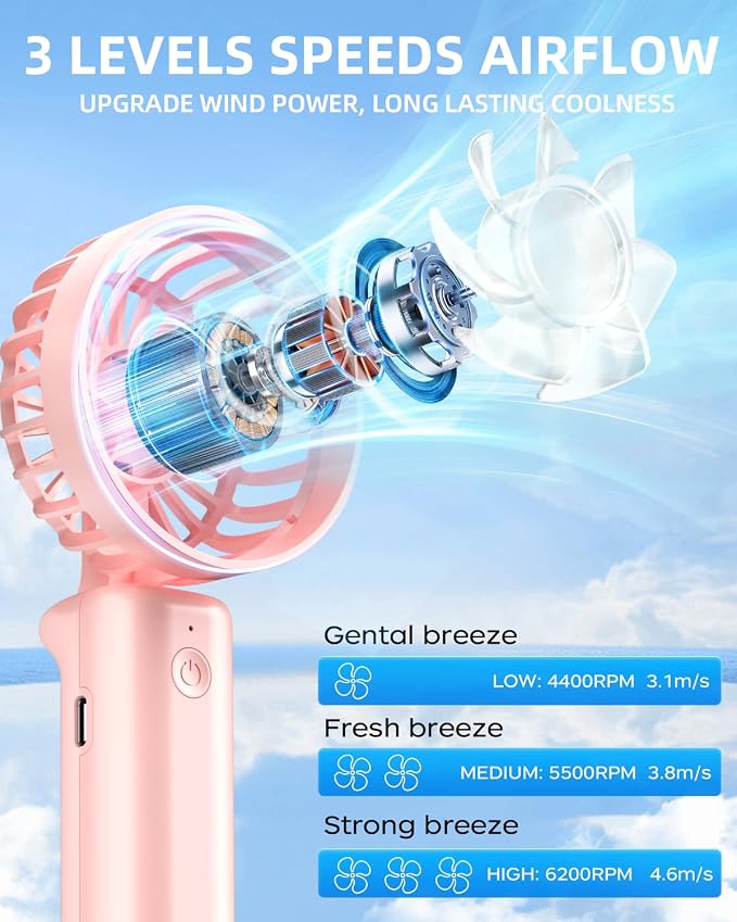 Portable Handheld Fan, Mini Desk Fan Foldable 1800mAh, 180° Ratotion, 3 Speeds, Ultra Quite, Up to 8H Long Use Time, Small Personal Cooling Fans Makeup Eyelash Fan for Women Girl - Image 3