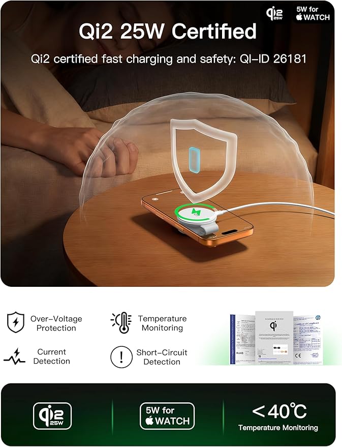 2 in 1 Magnetic Wireless Charger, Qi2 25W Fast Charging Travel Station Pad Compatible with MagSafe for iPhone Air/17/16/15/14/13/12, 5W for Apple Watch, AirPods 4/3/2/Pro with 30W Adapter(White) - Image 7