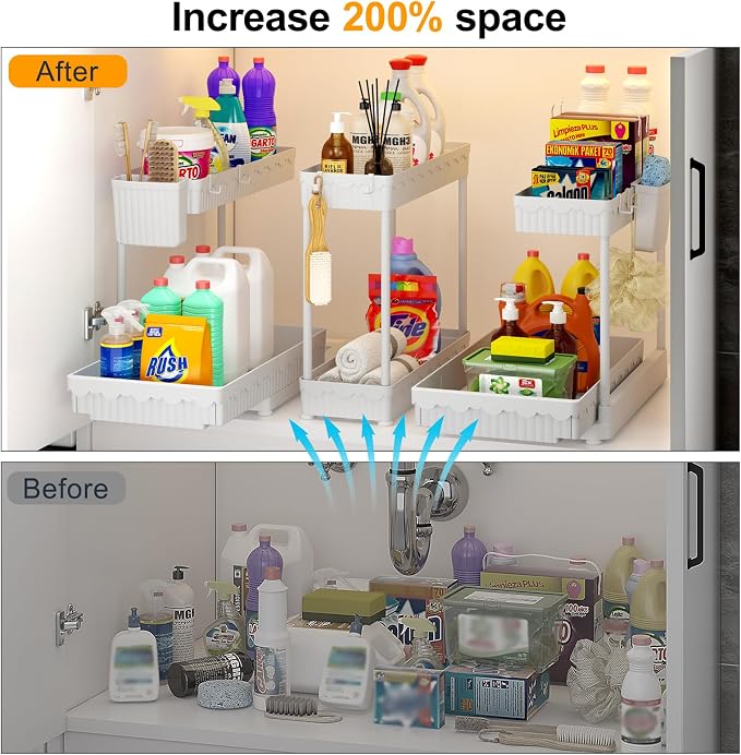 3-Pack 2-Tier L-Shaped Under Sink Organizers with Sliding Drawers | Multi-use kitchen & bathroom storage, 14.85 inch white cabinet organizer, space-saving sliding drawer design. - Image 2