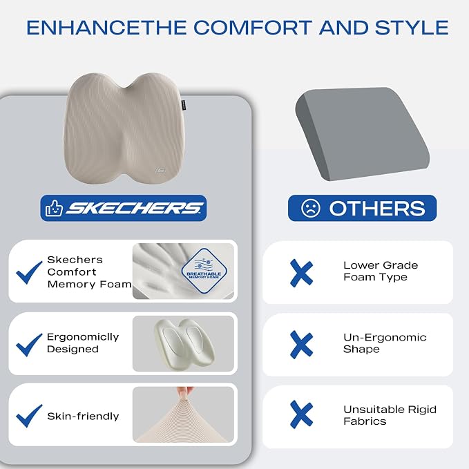 Skechers Seat Cushion, Ergonomic Memory Foam Cushion for Long Sitting Hours on Office & Home Chair, Car Seat Cushion for Sciatica, Coccyx Cushion,Beige - Image 6
