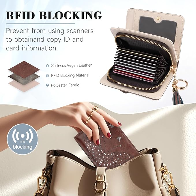 KITEVIUN Women RFID Blocking Small Bifold Wallet, Compact Cash Clutch with Zipper Coin Pocket, Glittery Butterfly Design, Credit Card Holder, Travel Purse with Tassel COFFEE - Image 6
