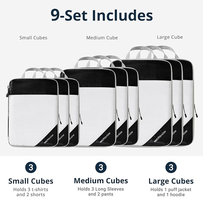 9 Set Compression Packing Cubes for Travel - Compressible, Lightweight, and Space-Saving Packing Cubes, Travel Essentials for Women, Black - Image 3