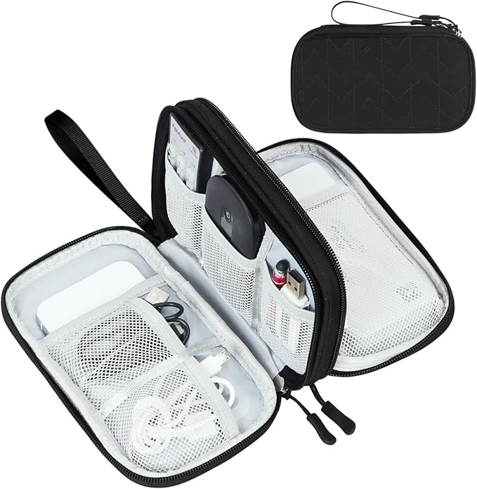 FYY Electronic Organizer, Travel Tech Pouch, Cable Organizer Black Quilted | Wrist Strap, Waterproof, Double Layers Portable Electronics Travel Carrying Case for Cord, Charger, Daily Business Trips Use by FYY