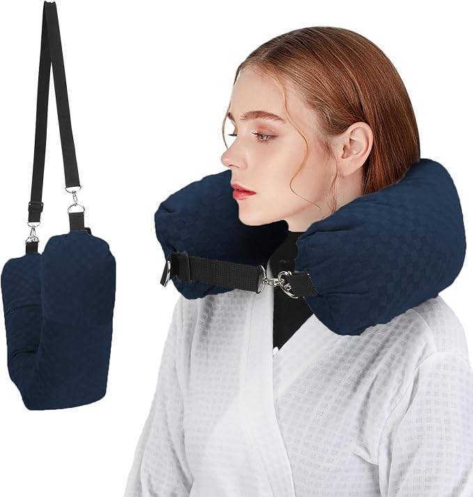 Stuffable Neck Pillow for Travel, Packable Neck Pillow (Blue-Checkerboard) | Velvet cover, Stuff with clothes to save luggage space, No extra baggage fees, Fits 5+ days travel essentials, Zipper closure by NK+HealthCare