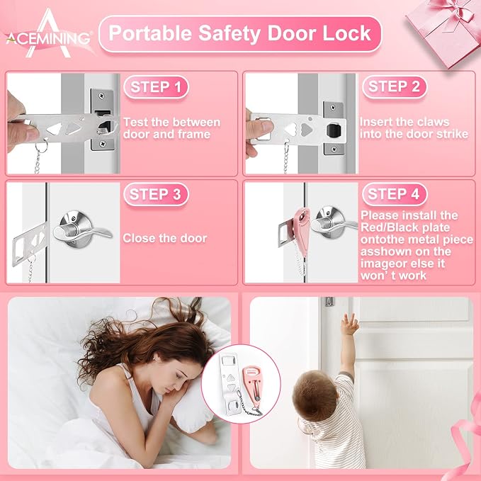 4 Pack Portable Door Lock, Hotel Travel Door Lock Security for Home, Pink | Hotel Safety Device for Door Security, Portable Lock for Hotel Room, Apartment, College Dorm and Travel, Pink - Image 2
