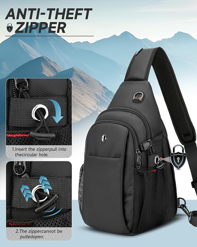 Anti Theft Sling Bag for Men, Expandable Crossbody Chest Bag with Water Bottle Pocket, Travel Sling Backpack Fits 11” iPad & Switch 2 for Commuting, Hiking, Daily Carry, Black | Mens Crossbody Bag - Image 3