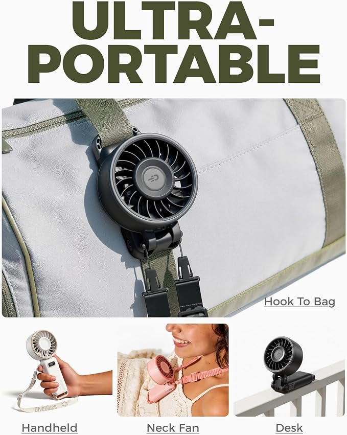 Diveblues Portable Turbo Fan, 100 Speed Handheld Fan with Strong Airflow, Foldable 4 in 1 Personal Fan for Neck, Desk & Travel, USB-C Rechargeable, Lightweight for Summer, Concerts & Outdoor Use - Image 4