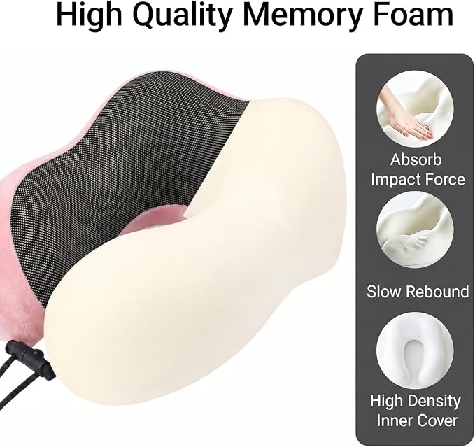 Travel Neck Pillow, 100% Memory Foam, U-Shaped with Storage Box, Pink | 100% memory foam with 360-degree support & adjustable buckle. Compact storage box. Machine washable cover. Fits all necks. - Image 3