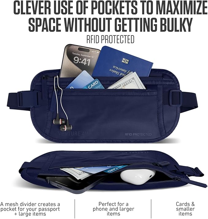 VENTURE 4TH Travel Money Belt, RFID Blocking Passport Holder - Sleek Navy - Image 2