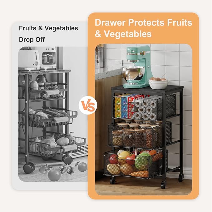 Pantry Organizer and Storage Cart, 3-Tier Kitchen Storage Cart with Drawer, Fruit Vegetable Storage Cart with Wheels, Wooden Top Metal Wire Kitchen Organizer Rack Stand for Food Snack Onion Potato - Image 7