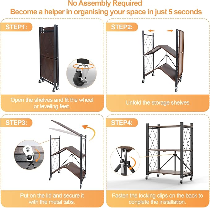 3 Tier Vintage Multifunctional Folding Shelf with Wheels | Portable Heavy Duty Storage Shelving, No-Assembly Metal Collapsible Rack Unit for Kitchen, Office, Bedroom, Rustic Brown - Image 9
