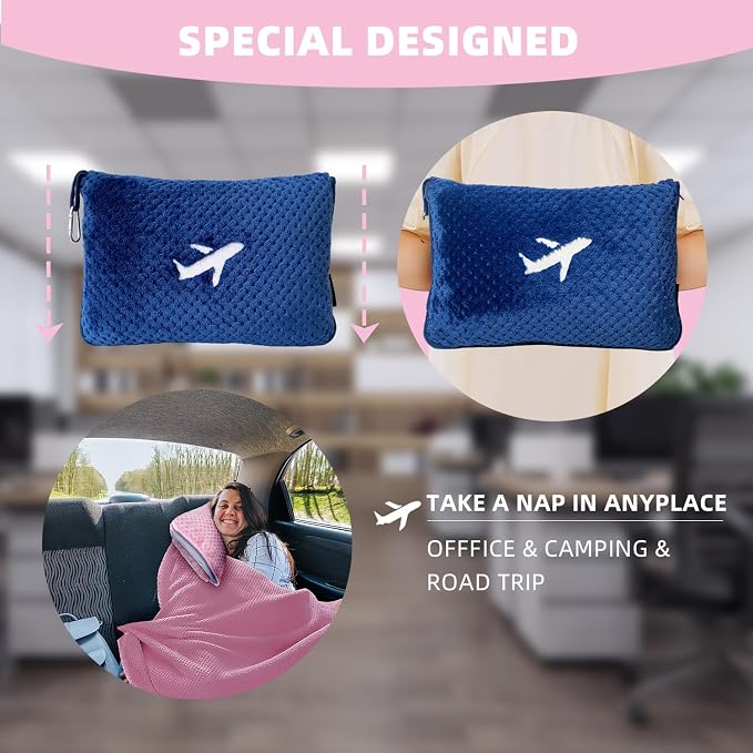 3 in 1 Travel Blanket Pillow Set - 350 GSM Thick Travel Blanket Airplane Compact with Bag, Soft Bag with a Pocket, Inflatable Travel Pillow for Camping & Car Trip (Royal Blue) - Image 4