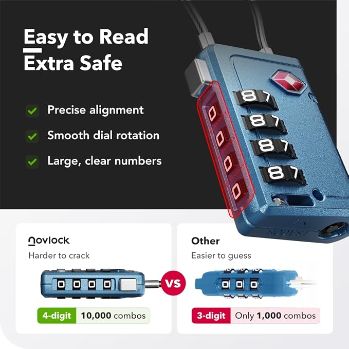 TSA Approved Luggage Locks, Travel Locks with Inspection Indicator | TSA008, Easy to Read Dials, 4 Digit Combination, Flexible Steel Cable, for Suitcases, Backpacks, Bags, 2-Pack, Blue - Image 7