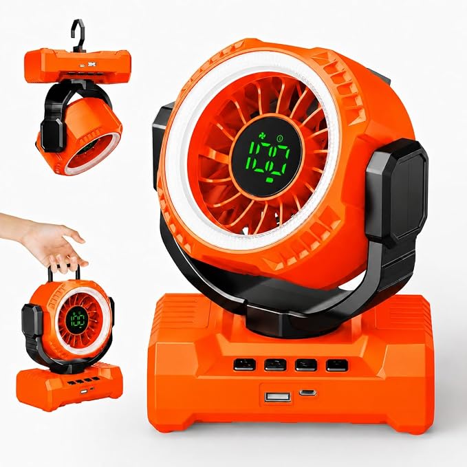 Portable Camping Fan 3-in-1, 20000mAh Rechargeable Fan with 1-100 Speeds | Auto-Oscillating Cordless Battery Powered Fan with 12H Timer, LED Lantern, Display, Gift for Men Women, Travel, Jobsite, Tent by Fimilo